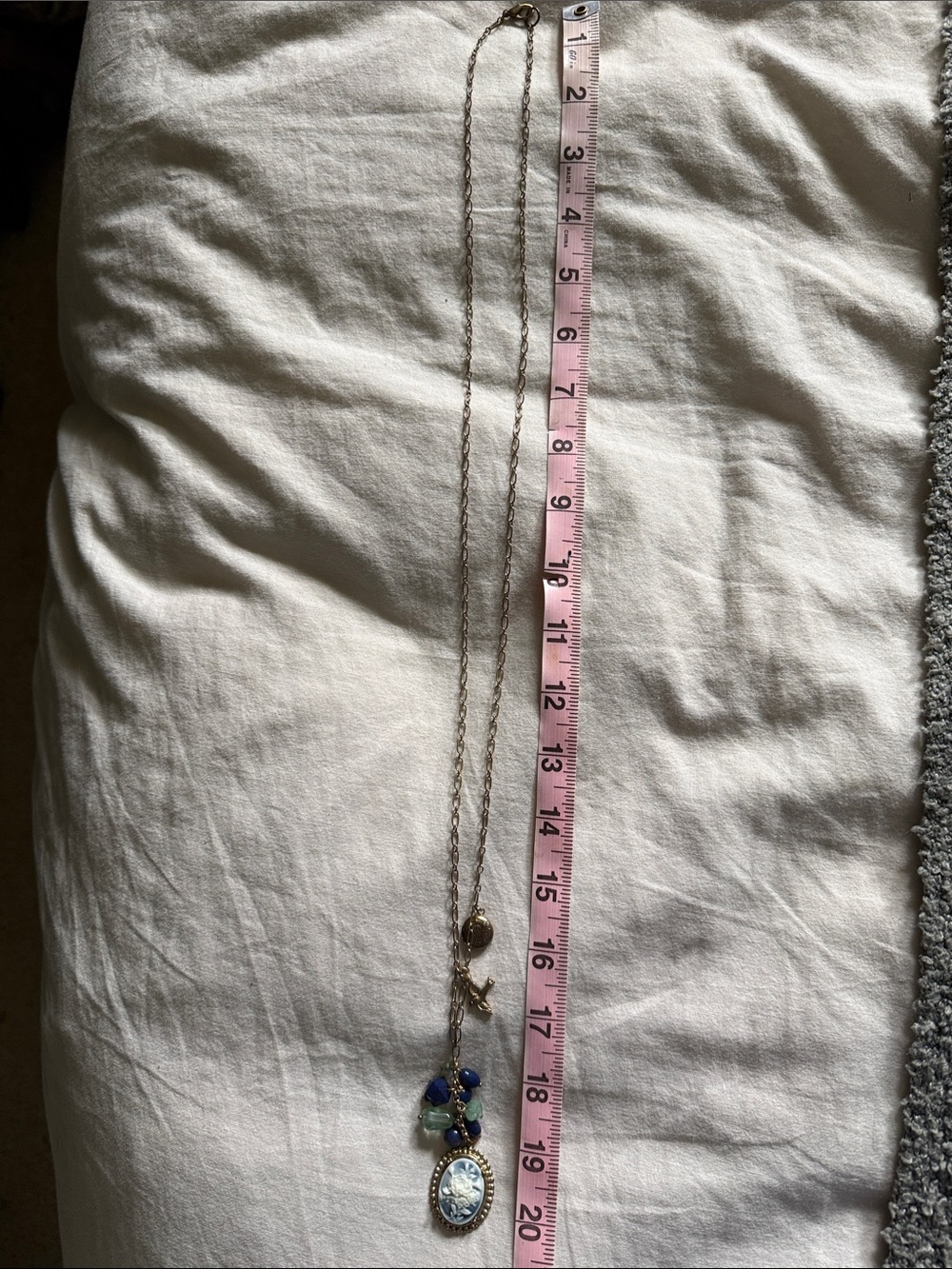 Gold-Tone Blue Cameo Pendant Necklace with Bead Charms